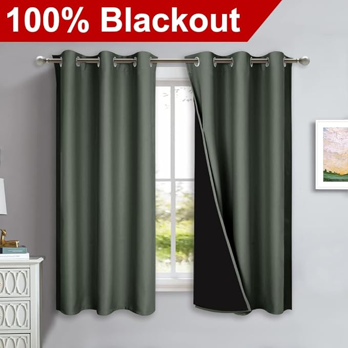NICETOWN Dark Mallard 100% Blackout Lined Curtains, 2 Thick Layers Completely