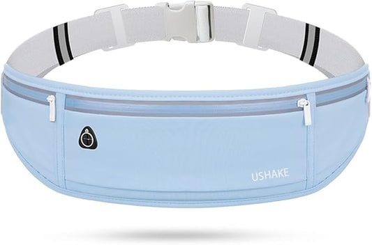 USHAKE Slim Running Belt, Workout Fanny Pack for Men Women,Exercise Waist Pack for Apple iPhone Holder, Runner Belt for Running Walking Cycling Camping Gym Light Blue