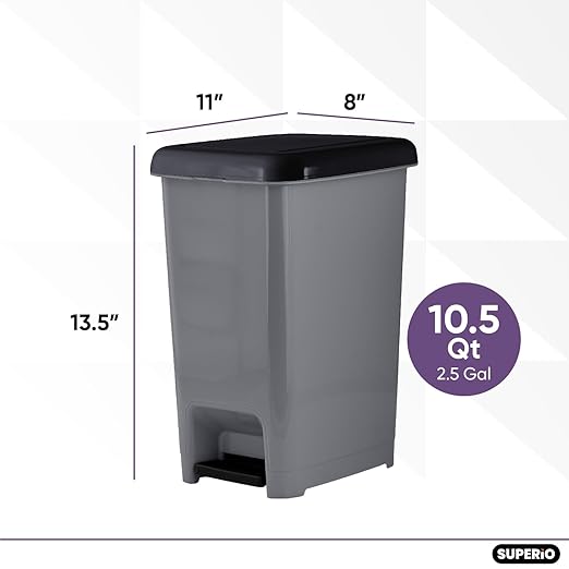 Superio Slim Trash Can with Foot Pedal – 2.5 Gallon Step-On Trash Bin with Lid, Small Plastic Garbage Can, Mini Trash Can for Bathroom, Kitchen, Office, Under Desk, Bedroom, Dorm – Grey/Black