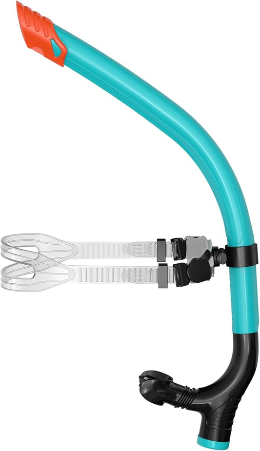 Swimmer's Snorkel for Lap Swimming, Adult Snorkeling Gear Swim Training, Center-Mount Silicone Mouthpiece One-Way Purge Valve in Pool and Open Water