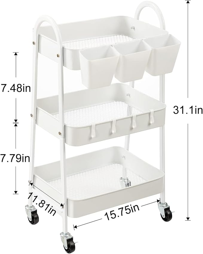 danpinera 3-Tier Rolling Cart, Metal Rolling Storage Cart with Lockable Wheels & Hanging Cups & Hooks, Mobile Trolley Cart for Kitchen, Bathroom, Office, Workshop, White