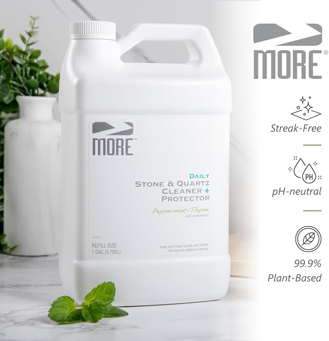 MORE Stone & Quartz Cleaner + Protector - Water-Based Surface Care Spray Refill - For Kitchen & Bathroom Countertops - Daily Cleaner/Protector - Peppermint-Thyme Essential Oil - 128oz