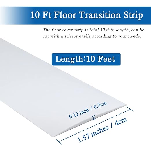 Floor Transition Strip Self Adhesive Floor Cover Strips Laminate 1.57" Wide Vinyl Flat Divider Transitions (4cm, 10Ft, White)