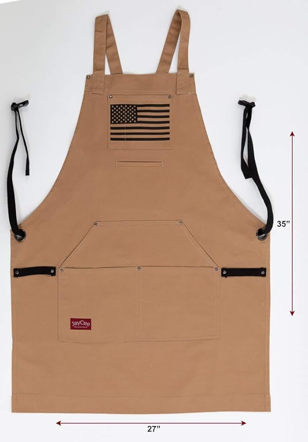 JayCee Apron for BBQ, Grill, Chef, Hobby and Workshop, 5 Pockets, Cross-Back, 2 Tool/Towel Loops, 10 oz Cotton, Great Gift