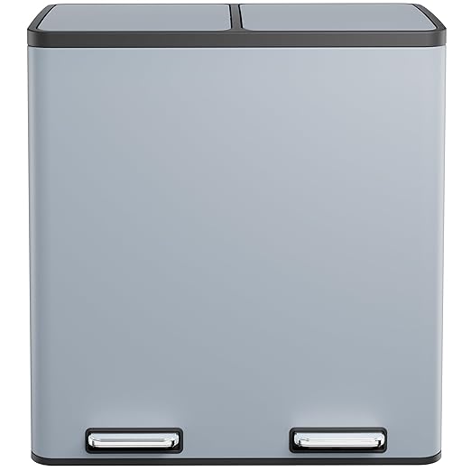 AthLike 60L(16 Gal) Dual Trash Can, Stainless Steel Kitchen Garbage Can, Double Compartment Classified Rubbish Bin, Recycle Dustbin w/Plastic Inner Buckets, Soft-Close Lid, Airtight (Haze Blue)