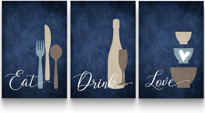 GUBIYU Premium Navy Blue Wall Art Set of 3, Large Dining Room Kitchen Signs