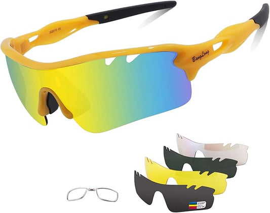BangLong Polarized Sports Sunglasses Cycling Sun Glasses for Men Women with 5 Interchangeable Lenes for Running Baseball Golf