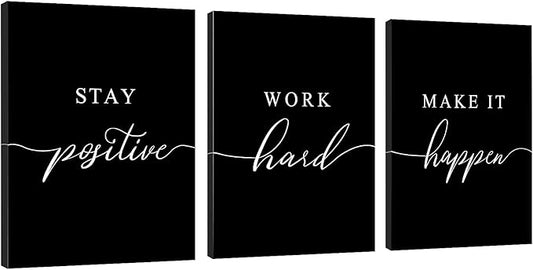 Stay Positive Letters Artwork,Framed Canvas Wall Art Positive Quote, Office Wall Art, Black Large Poster, Inspirational Prints for Boss Gift (E-3pcs,20x30inchx3pcs)