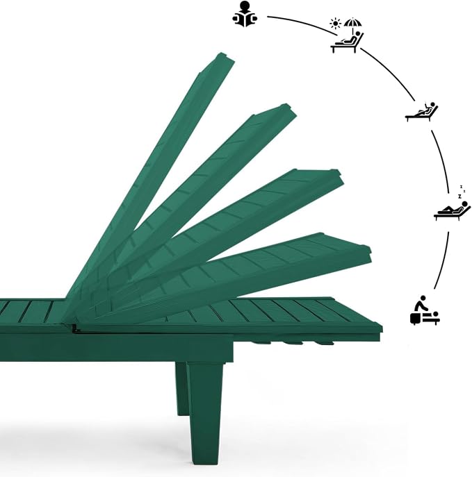 Nestl Sun Tanning Chair - Forest Green Chaise Lounge Chair Outdoor, Lightweight Pool Lounge Chairs, Adjustable 5-Position Reclining Lawn Chair, Waterproof Beach Outdoor Lounge Chairs