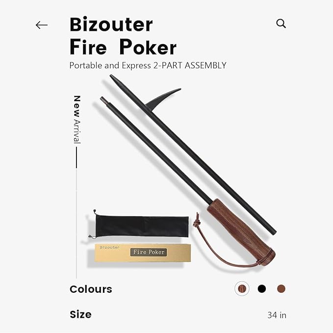 Fire Poker 34inch 2 in 1 Foldable Fire Poker & Blow Stick Fireplace Tool with Wooden Ergonomic Handle, Portable Fire Pit Poker for Campfire,Wood Burning Stove & BBQ