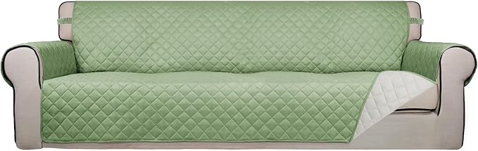 PureFit Reversible Quilted Sofa Cover, Water Resistant Slipcover Furniture Protector, Washable Couch Cover with Non Slip and Elastic Straps for Kids, Dogs, Pets (4 Seater Sofa, Sage Green/Ivory)