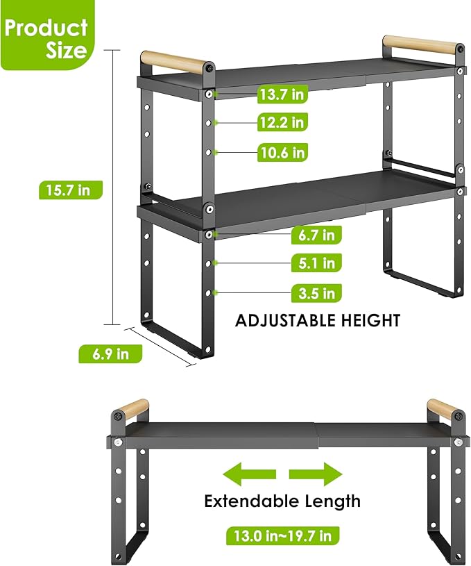 DOLALIKE Expandable kitchen Countertop Organizer, Stackable Cabinet Shelf Organizers, Space Saving Spice Rack Pantry Storage for Bathroom Office Organization (6.9'D*13-19.7''W*15.7''H, Black)