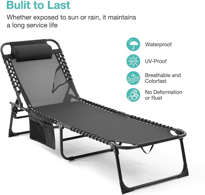 Tanning Chairs for Outside, Chaise Outdoor Lounge Chair, Folding Pool Chairs & Patio Lounger for Beach Camping Hiking Backyard Sunbathing Poolside, Portable (Black Set of 2)