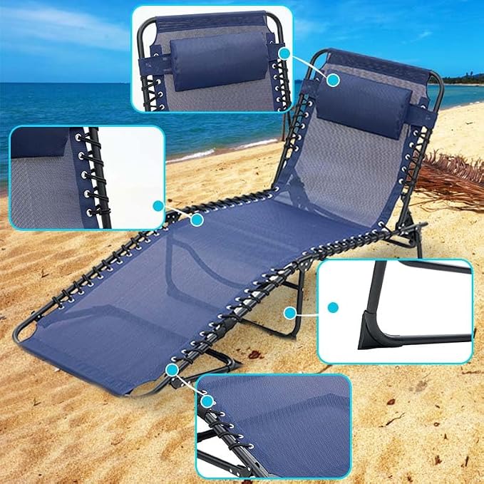 Tanning Chairs for Outside, Chaise Outdoor Lounge Chair, Folding Pool Chairs & Patio Lounger for Beach Camping Hiking Backyard Sunbathing Poolside, Portable (Blue Set of 2)