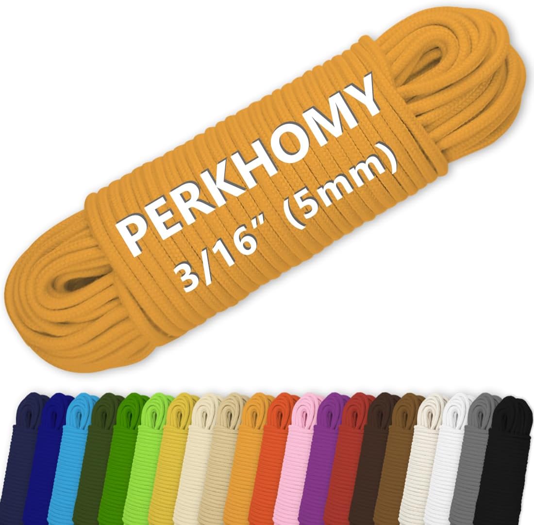 PerkHomy Cotton Rope 3/16" (5mm) 100 ft Multi Purpose Utility Diamond Braided Cord, Natural Cotton for Clothes Line Camping Crafting Flag Pole, Gold