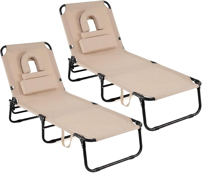 GYMAX Tanning Chair, 330lbs Beach Lounge Chair with Face Hole, Washable Pillow & Carry Strap, Adjustable Folding Chaise Lounge, Layout Lounger for Outside, Patio, Poolside, Lawn (2, Beige)