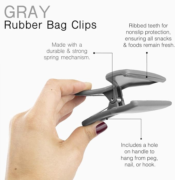 COOK WITH COLOR Bag Clips, Heavy Duty Chip Clip and Refrigerator Magnet Clips for Food Storage with Air Tight Seal Grip for Snack Bags and Food Bags (Grey, Pack of 8)