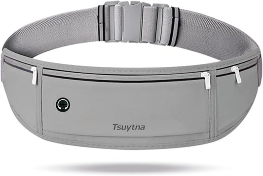 Running Belt for Women & Men - Slim Phone running belt with Water-Resistant Phone Holder, 3 pockets Adjustable Waist Strap, Reflective Safety Design for Running, Hiking, Travel，Fitness (Grey)