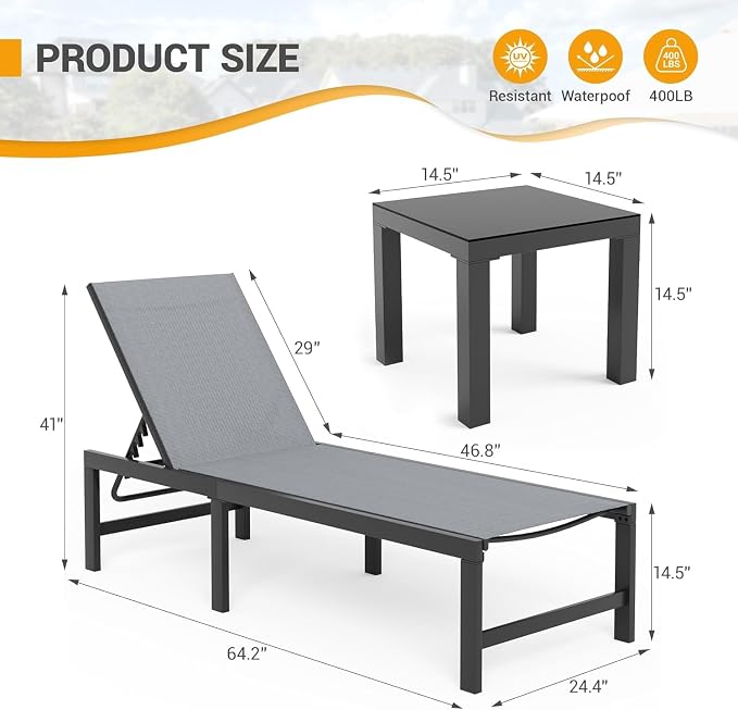 UDPATIO Outdoor Chaise Lounge Chair Set of 2 with Table Pool Lounge Chairs for Outside, Adjustable Lounger for Poolside Lawn Deck Lay Flat Sunbathing Backrest for Patio, Beach, Yard(Grey)