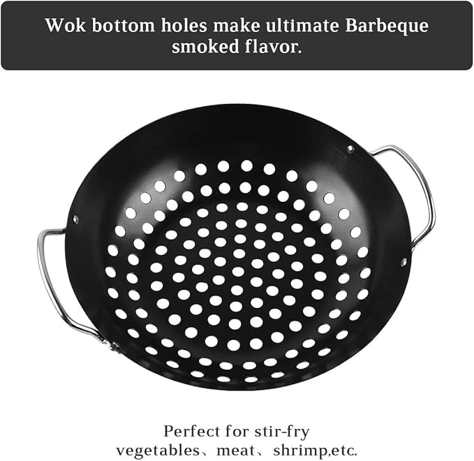 Round Grill Wok with Handle for Green Egg Veggie Basket BBQ Accessory Barbecue Tools for M/L/XL Green Egg Accessories for StriFry,Shrimp,Meat&Vegetable Outdoor Camping Cookware