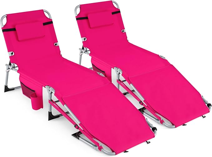 GYMAX Tanning Chair, 330LBS Beach Lounge Chair with Face Arm Hole & Hand Shoulder Strap, Folding Layout Sunbathing Chair, Face Down Outdoor Chaise Lounger for Patio, Poolside, Lawn, Backyard (2, Pink)