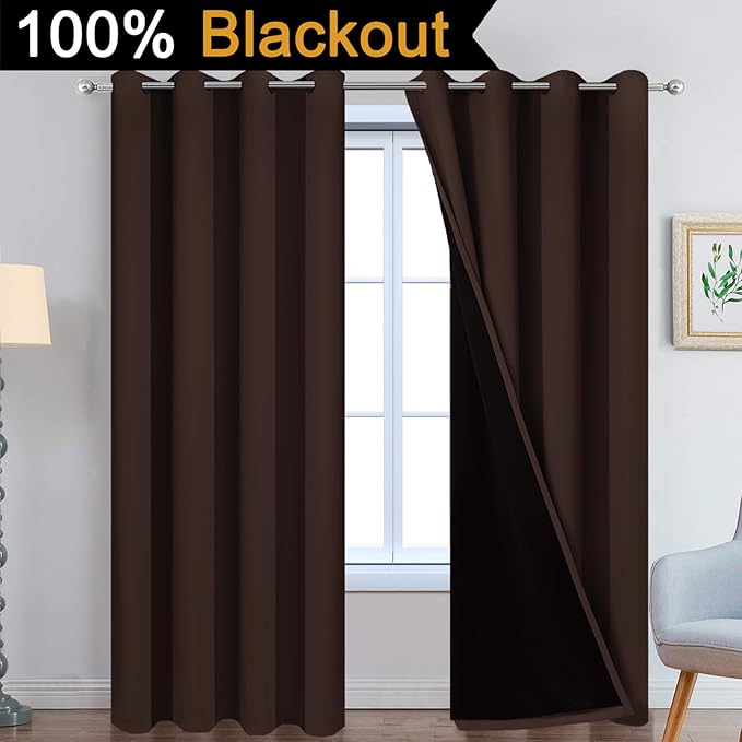 Yakamok 100% Blackout Curtains for Bedroom, 2 Thick Layers Thermal Insulated
