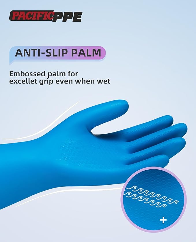 PACIFIC PPE 2 Pairs Reusable Dishwashing Cleaning Gloves, Household, Kitchen, Cotton Liner, Blue, Small