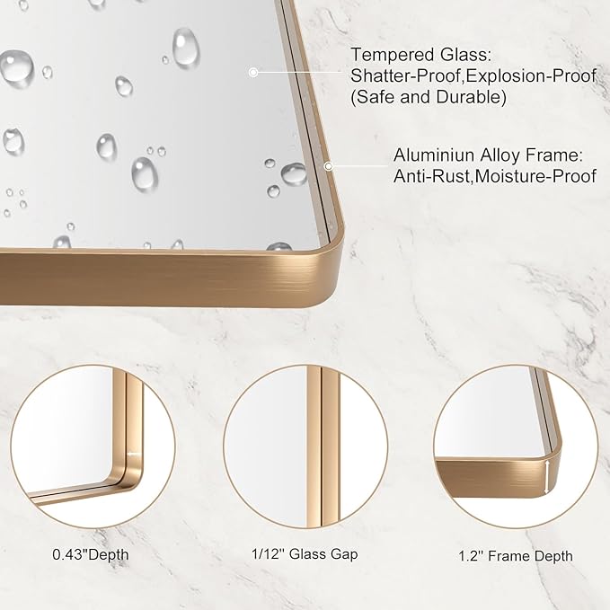LOAAO 36”X36” Gold Bathroom Mirror, Rounded Rectangle Gold Frame Mirror, Brushed Gold Bathroom Vanity Mirror Wall-Mounted, Anti-Rust, Tempered Glass, Hangs Horizontally or Vertically