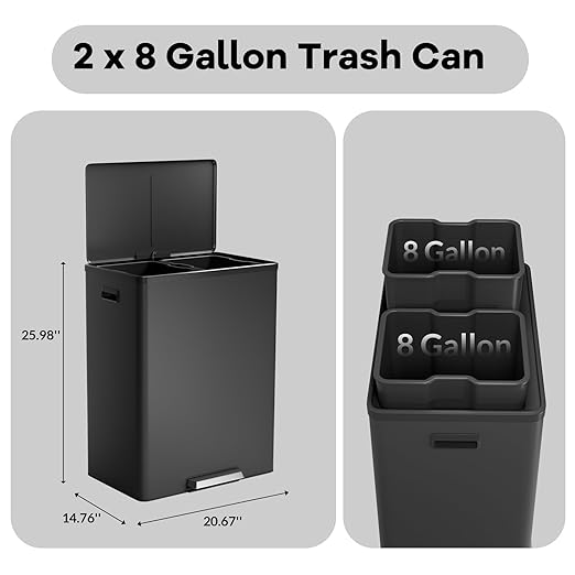 GarveeHome Step Dual Trash Can, 60L/16 Gallon Recycle Bins with Lid, 2 Removable Wastebusket, Step Pedal, Large Stainless Steel Double Trash Bin for Kitchen, Bathroom