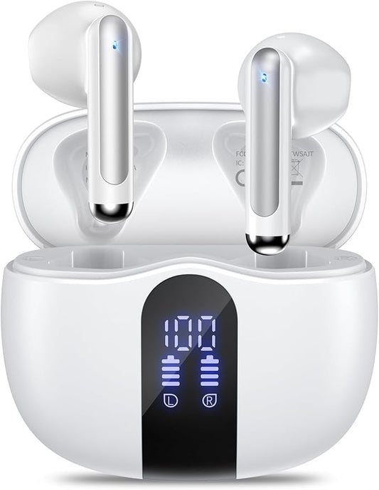 Wireless Earbuds, 2025 Bluetooth 5.4 Bass Stereo Headphones with 4 ENC Mic, 50H Playback Ear Buds with Charging Case LED Display,Sport Earphones IPX7 Waterproof for Phone, Android, Pad, White