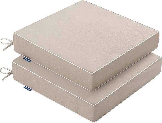 MIULEE Beige Outdoor Chair Cushions Set of 2, 22x22x3 Inch Waterproof Patio Seat Cushions for Outdoor Furniture Couch Sofa, 3 Year Color Fastness High Density Foam with Adjustable Ties
