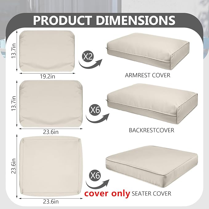 14 Piece Outdoor Patio Waterproof Cushion Covers, Fits 6-Seat Wicker Rattan Sectional Couch Chair Furniture Cover Replacement Set - Fade-Resistant Patio Cushion Covers with Zipper