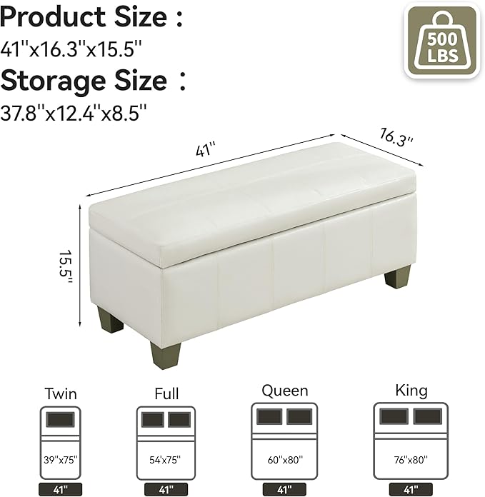 41" Faux Leather Storage Ottoman, Stitch Tufted Rectangle Upholstered End of Bed Storage Bench, Entryway Large Couch Ottoman with Wooden Legs,White