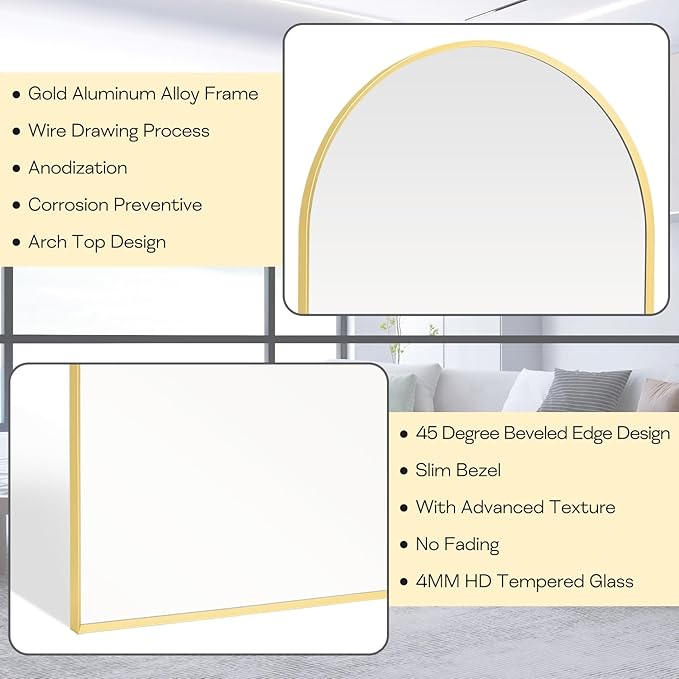 20" x 30" Gold Arched Mirror, Arch Bathroom Vanity Wall Mirror, Modern Aluminum