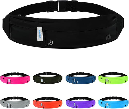 WATERFLY Running Belt Fanny Pack: Runner Marathon Jogging Waist Pack Sport Workout Exercise Fitness Phone Holder Belt for Men Women Jogger Slim Waistband Black