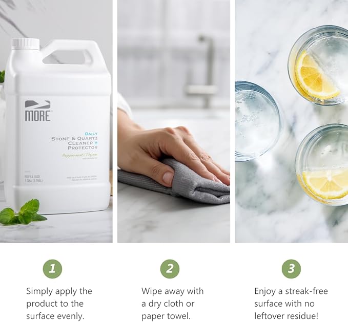 MORE Stone & Quartz Cleaner + Protector - Water-Based Surface Care Spray Refill - For Kitchen & Bathroom Countertops - Daily Cleaner/Protector - Peppermint-Thyme Essential Oil - 128oz
