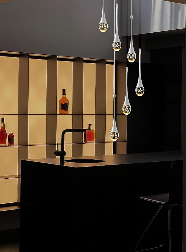 H86 Pendant Lights Kitchen Island 6-Lights Pendant Chandelier for Dining Room Hallway Stairwell,Silver Chandelier Suit for Sloping Ceiling LED Dimmable 2700K-6000K