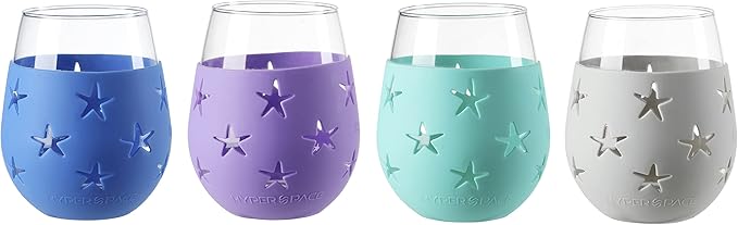 Hyperspace 20 OZ Stemless Wine Glass, Beverage Glass with Protective Silicone Sleeve (4COLOR ASST Star)