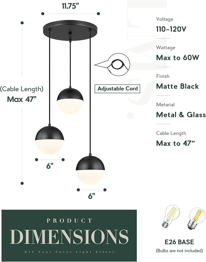 LMS Mid Century 3-Light Cluster Pendant Lights, Matte Black Kitchen Island Light Fixtures with White Globe Glass Shade, Adjustable Hanging Light for Home Office Bathroom Dining Room, LMS-186BK3