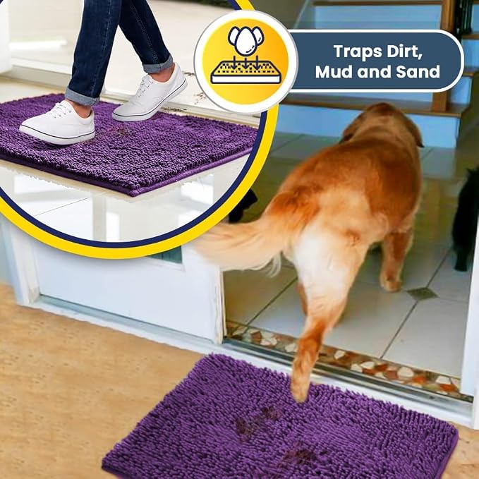 Muddy Mat® | Super Water Absorbent Door Mat Indoor, Microfiber Quick Dry Chenille Entryway Rug, Slip Resistant Front Door Mat, Indoor Mats for Entryway, Machine Washable Pet Rug, Purple 20" x 33"