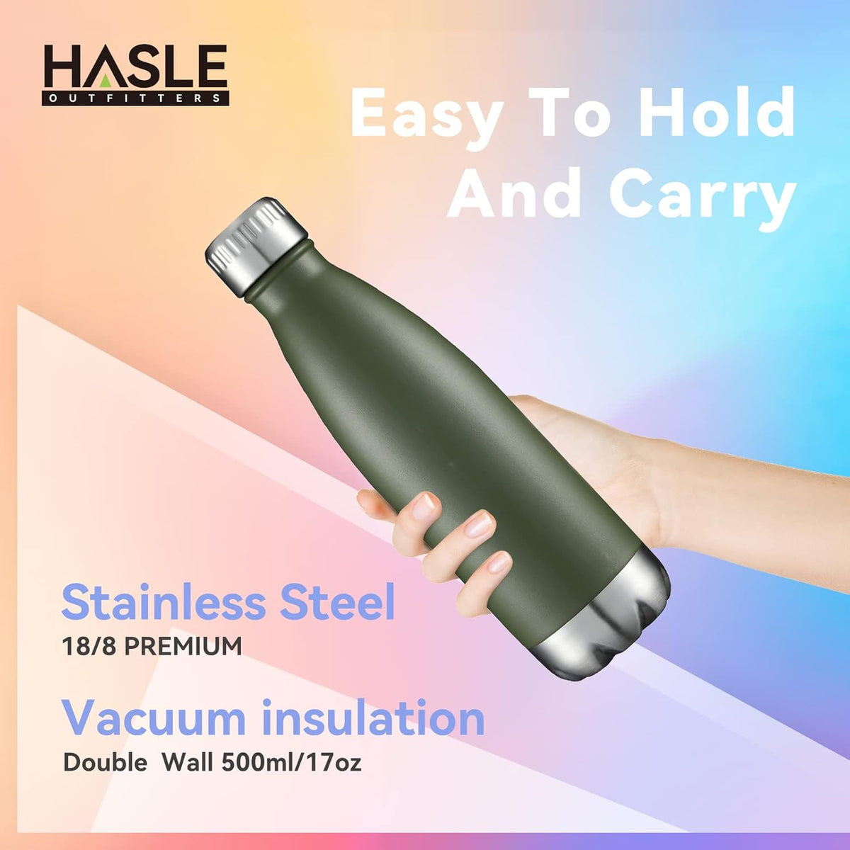 HASLE OUTFITTERS 17oz Stainless Steel Water Bottles, Vacuum Insulated Double Walled Powder Coated Reusable Metal Sports Water Bottles Keep Drinks Hot and Cold, ArmyGreen, 1Pack