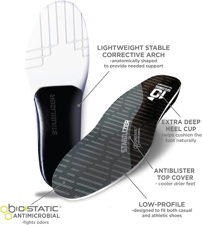 10 Seconds Stabilizer Insole, Medium Corrective Arch, Soft Support, Designed for Instability and Low-Profile Footwear, Deep Heel Cup, Anti Odor and Blister Topper (M 8/9, W 10.5/11.5)
