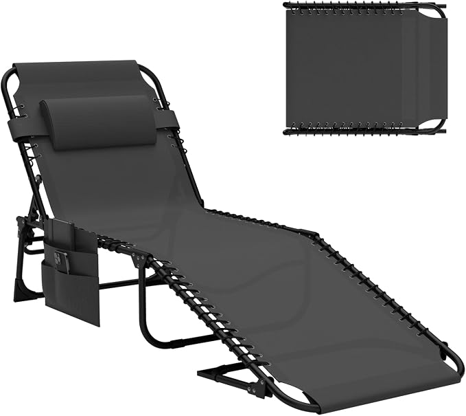 EBE Folding Lounge Chair, Outdoor Adjustable Chaise Lounge Chair, Portable Tanning Chaise with Detachable Pillow and Side Pocket, Reclining Chairs for Pool Beach Patio Sunbathing, Black