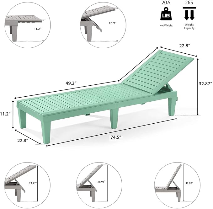 Nestl Sun Tanning Chair - Sage Green Chaise Lounge Chair Outdoor, Lightweight Pool Lounge Chairs Set of 12, Adjustable 5-Position Reclining Lawn Chair, Waterproof Beach Outdoor Lounge Chairs