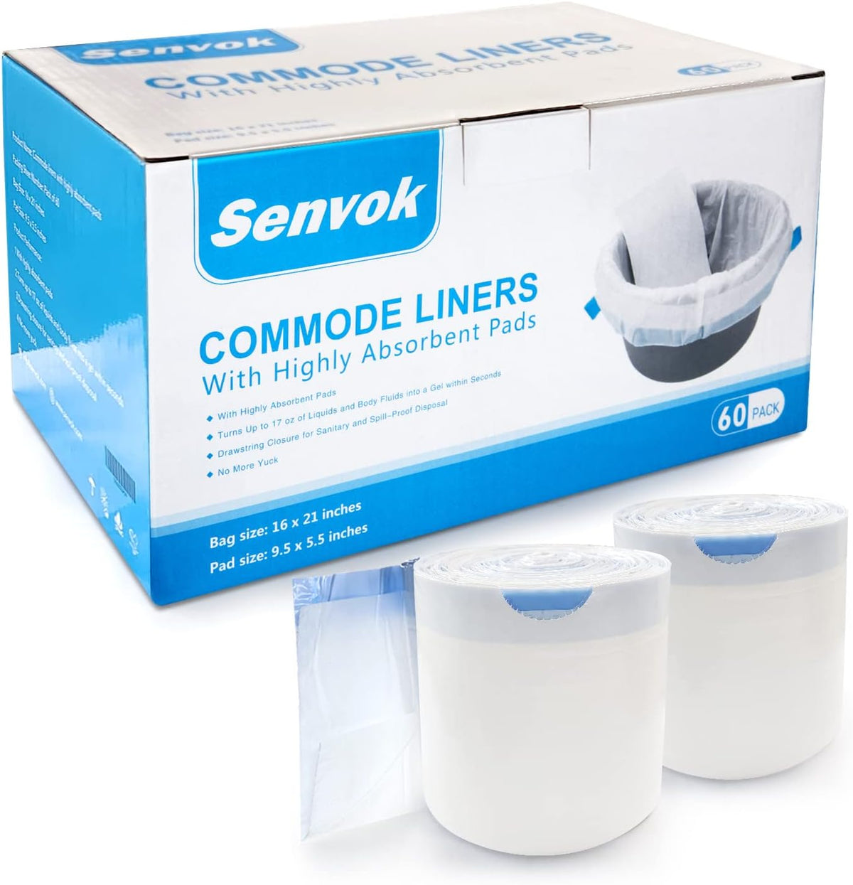 Commode Liners with Highly Absorbent Pads - [Pack of 60] - Bedside Commode Liners Disposable - Medical Grade - Leak-Proof - Toilet Liners Disposable Adult