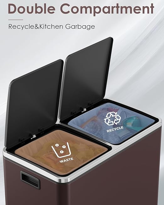 Arlopu 16 GallonStainless Steel Trash Can, 60L Dual Compartment, Metal Kitchen Step Recycle Bin, Metal Double Dustbin, in-Home Garbage Rubbish Can W/Removable Liner Buckets (Brown)