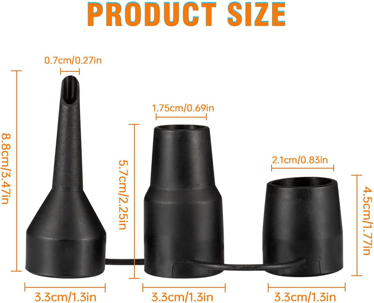 Air Pump Replacement Nozzles, 3 Set Replacement Nozzles, 3 Sizes Air Pump Attachments for Inflatable Bed Mattress Pool Floats- Black