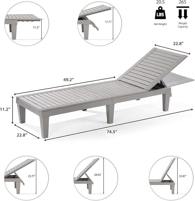 Nestl Sun Tanning Chair - Light Grey Chaise Lounge Chair Outdoor, Lightweight Pool Lounge Chairs Set of 6, Adjustable 5-Position Reclining Lawn Chair, Waterproof Beach Outdoor Lounge Chairs