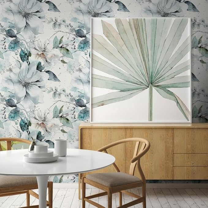 Ice Blue White Large Hyacinth Floral Green Leaf Peel and Stick Wallpaper Wall