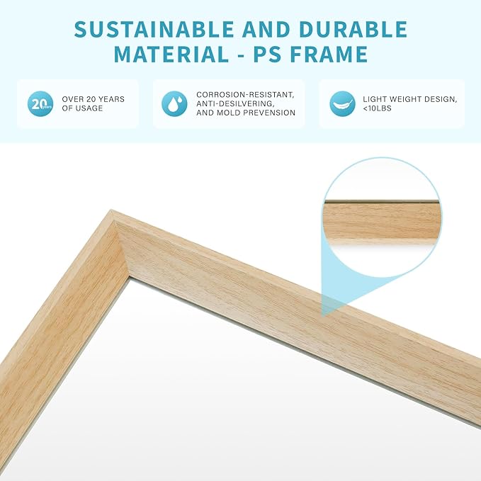 Oak Wood Effect Framed Wall Mirror, 24x32 Rectangle Mirror, 1/8"